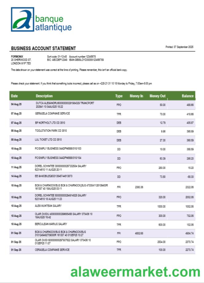 Banque Atlantique business firm statement Word and PDF format